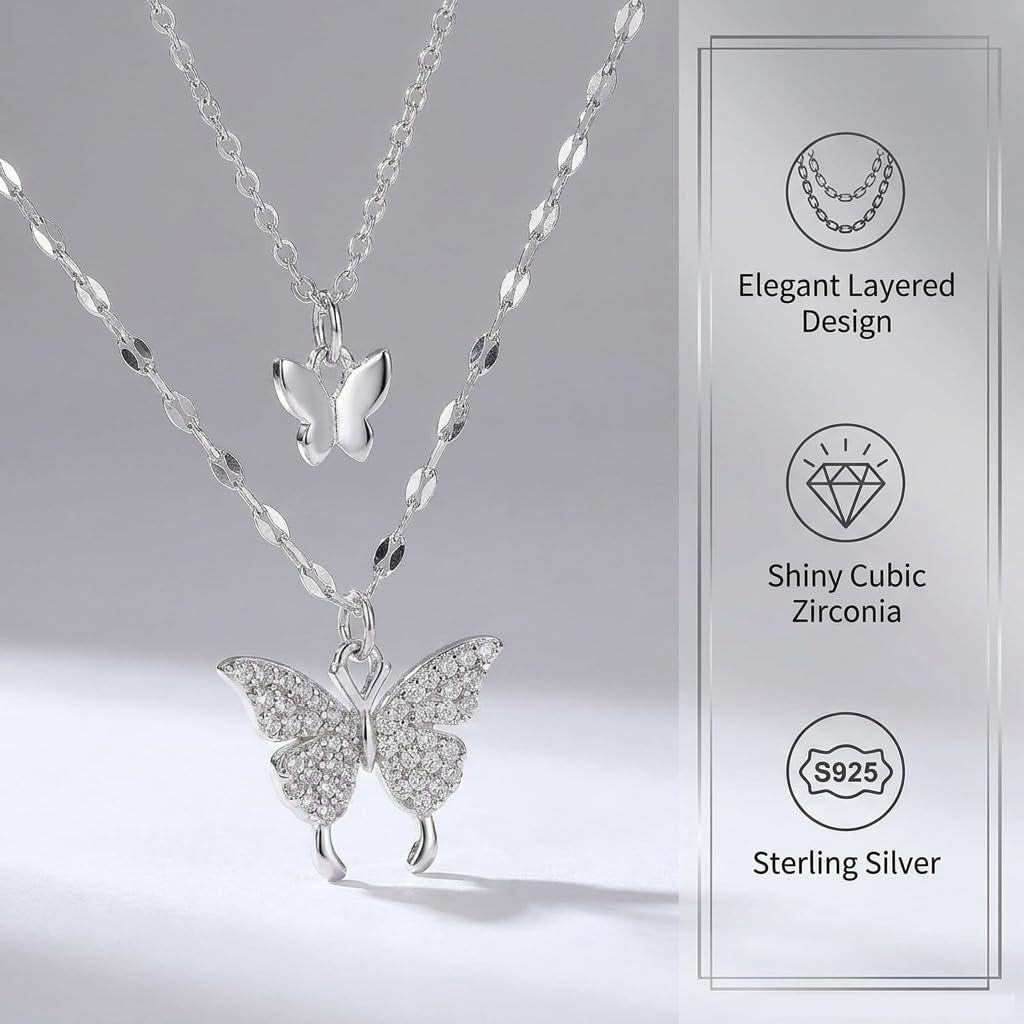 925 Sterling Silver Double Layer Butterfly Necklace with CZ Accents - Elegant Clavicle Chain Jewelry for Women