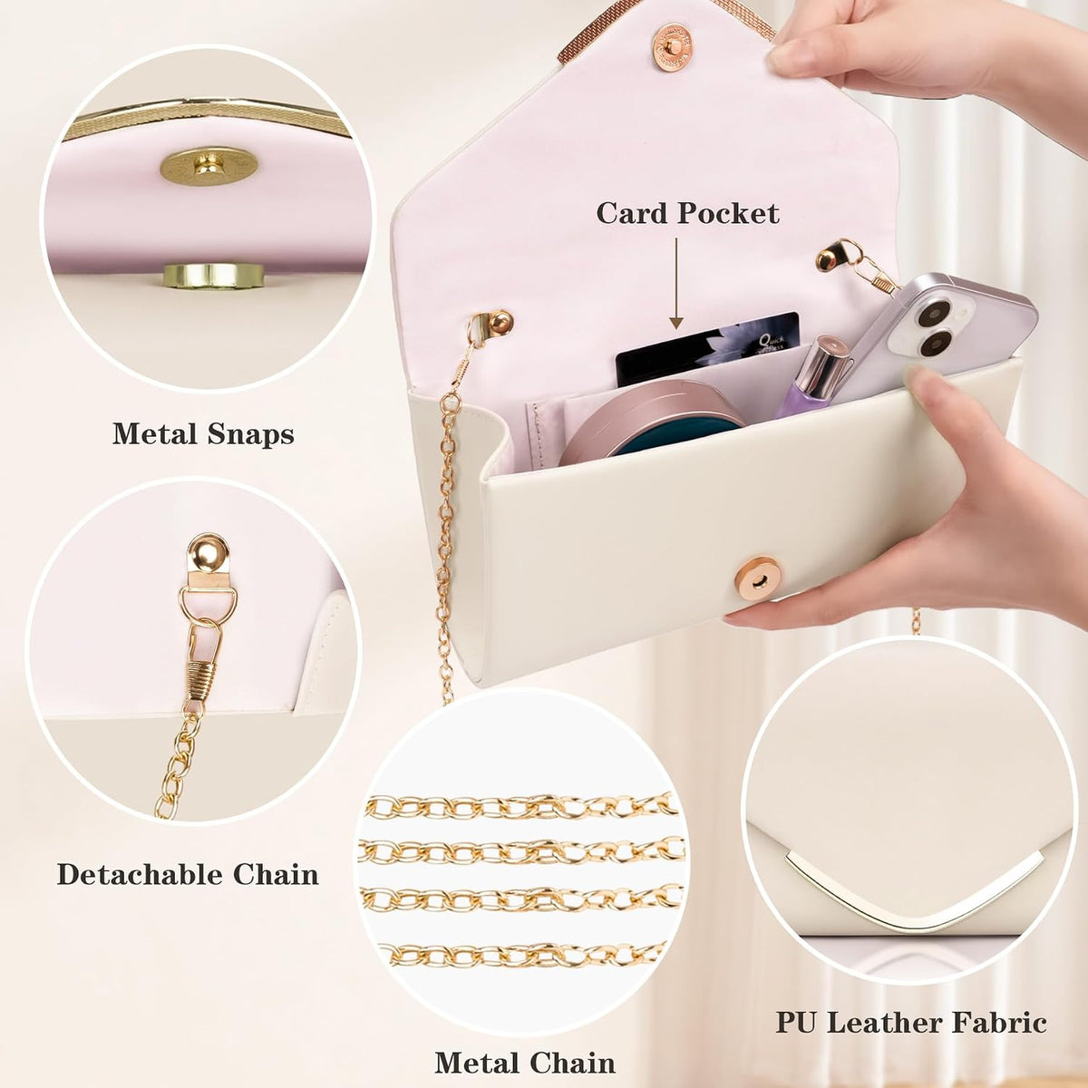 Elegant Women's Leather Envelope Clutch Bag with Chain - Minimalist Evening Hand and Shoulder Bag (22x12x5 cm)