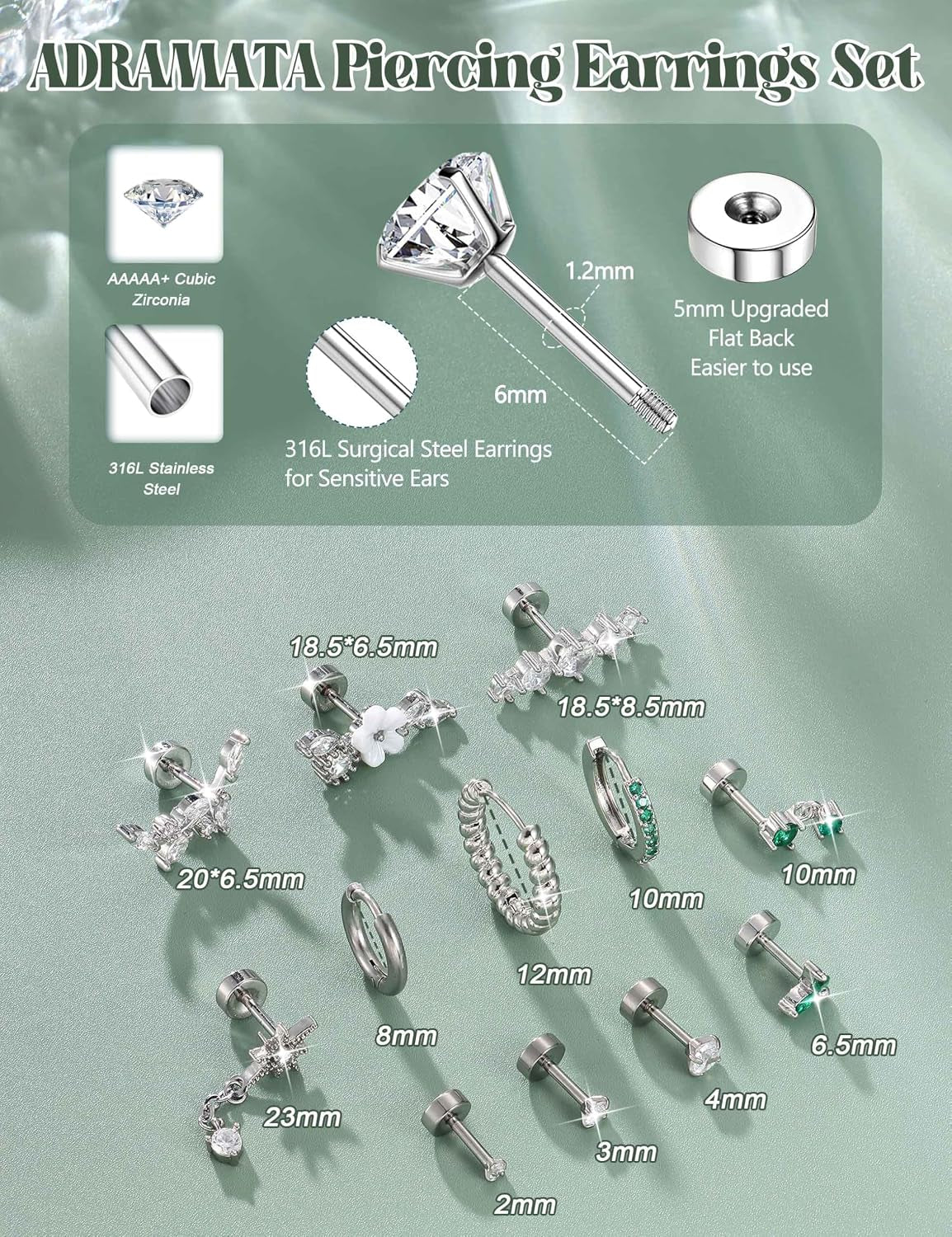 12Pcs Helix Piercing Jewellery Surgical Steel Tragus Earrings Set