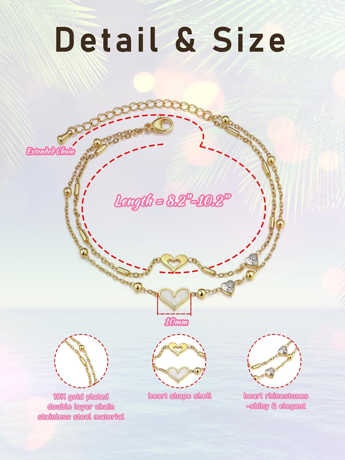 Adjustable Gold Anklets for Women - Layered Stainless Steel Foot Chain with Heart/Tree of Life Design, Waterproof Summer Beach Jewelry Gifts for Women and Girls