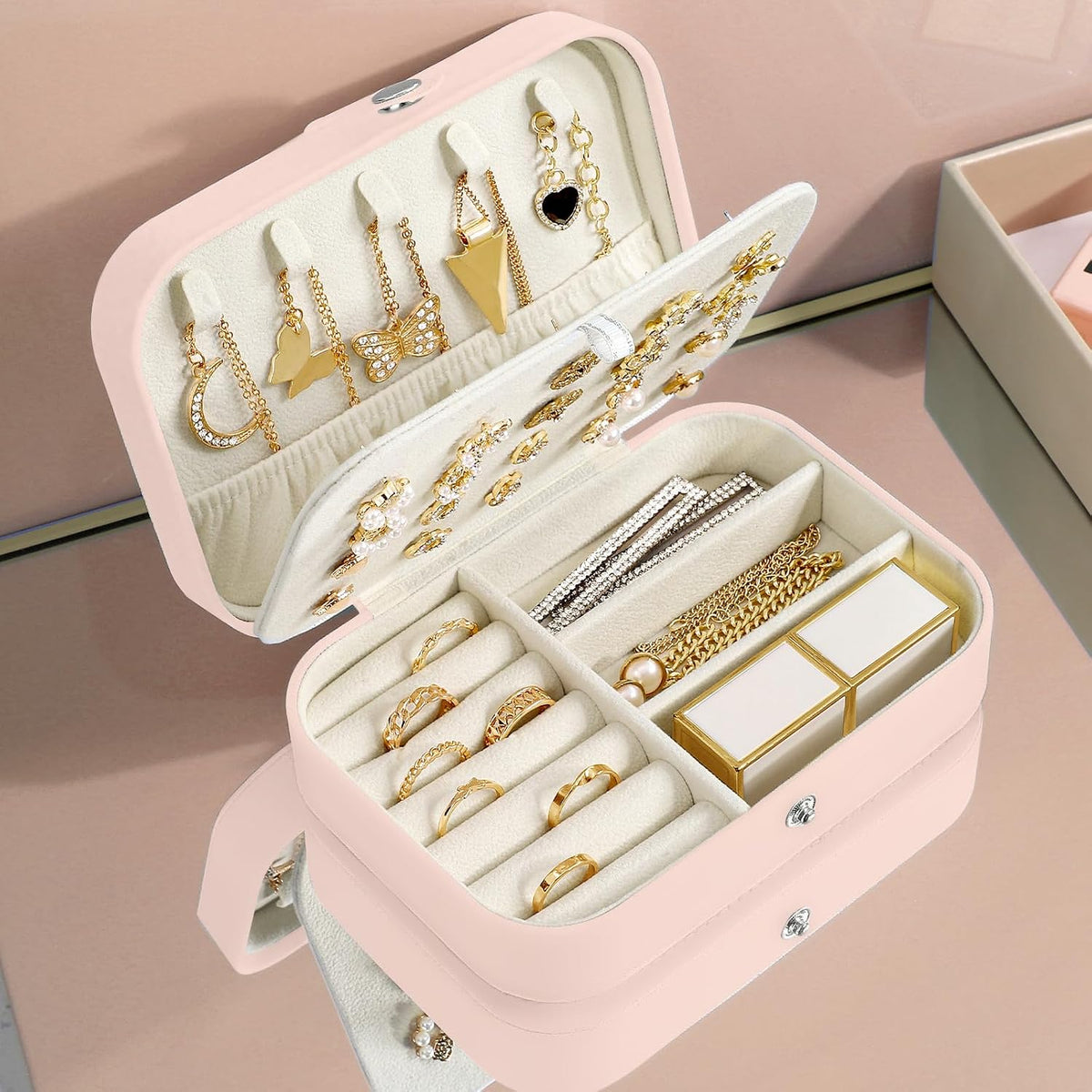 Premium Faux PU Leather Small Travel Jewelry Organizer Case for Necklaces, Rings, Bracelets, and Earrings - Ideal Gift Box for Women and Girls (Pink)