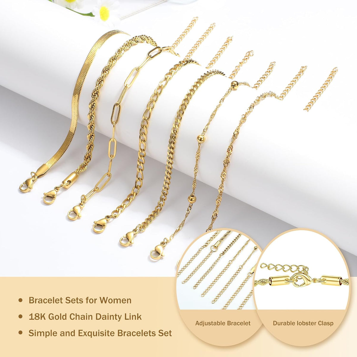 18K Gold Plated Adjustable Chain Bracelet Set for Women - 5-7 Pieces Including Twist Figaro and Herringbone Designs in Silver and Gold
