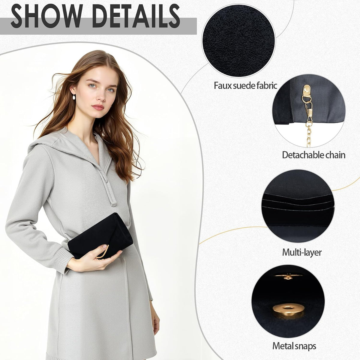 Women's Leather Envelope Clutch Bag with Chain, Elegant Minimalist Evening Handbag, 22x12x5 cm