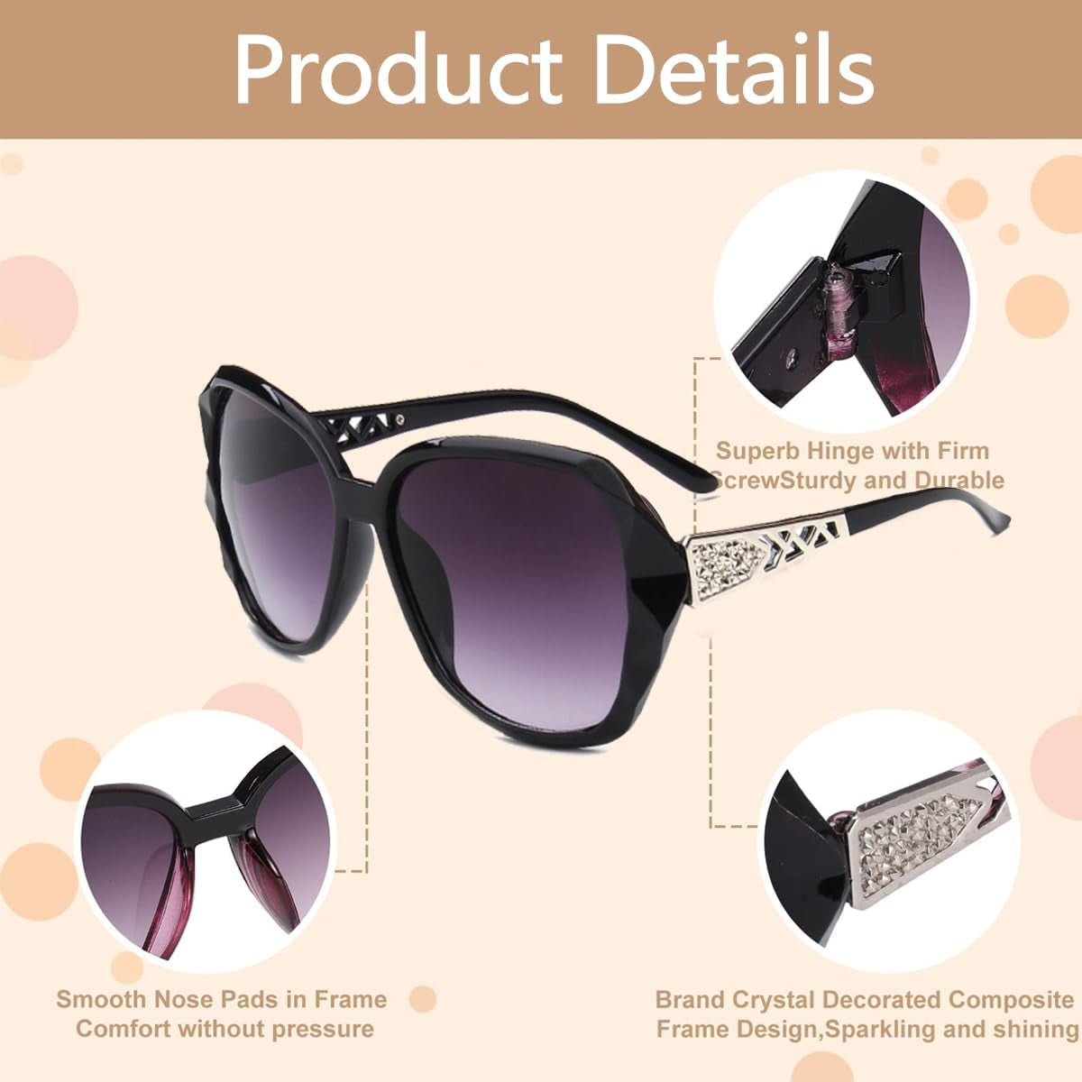 3 Pcs Women Sunglasses, Women Large Sunglasses Vintage Fashion Ladies Sunglasses UV400 Oversized Sun Glasses Eyewear Retro Trendy Ladies Sunglases Sparkling Large Frame Sunglasses for Women
