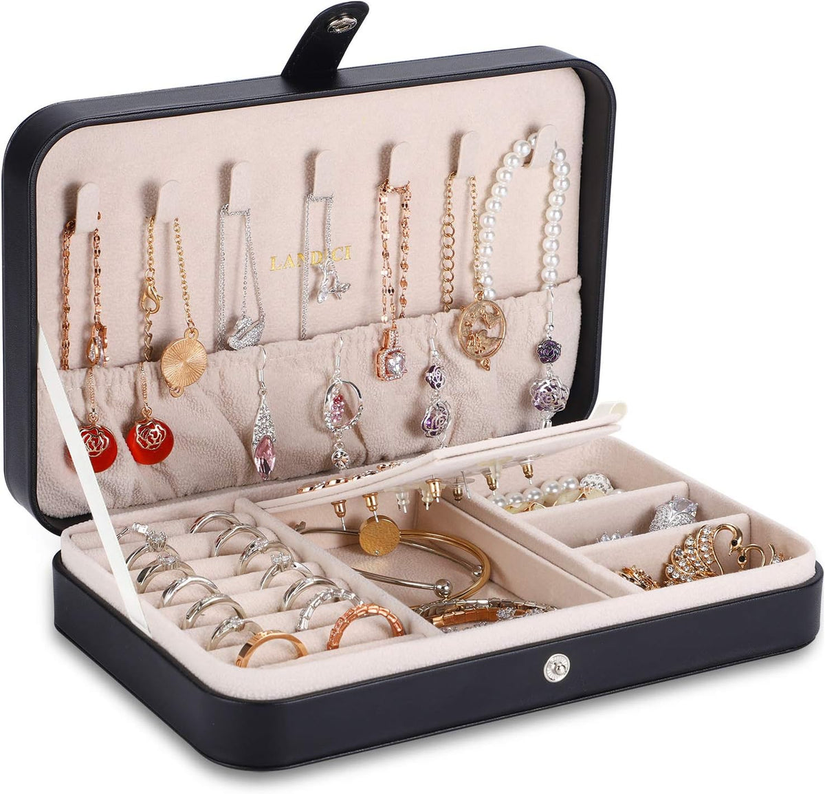 Jewellery Box Small Jewellery Organiser for Women Girls, PU Leather Travel Jewellery Storage Case, Portable Jewellery Holder for Ring Earrings Necklace Bracelet, Jewellery Gift Box,Black