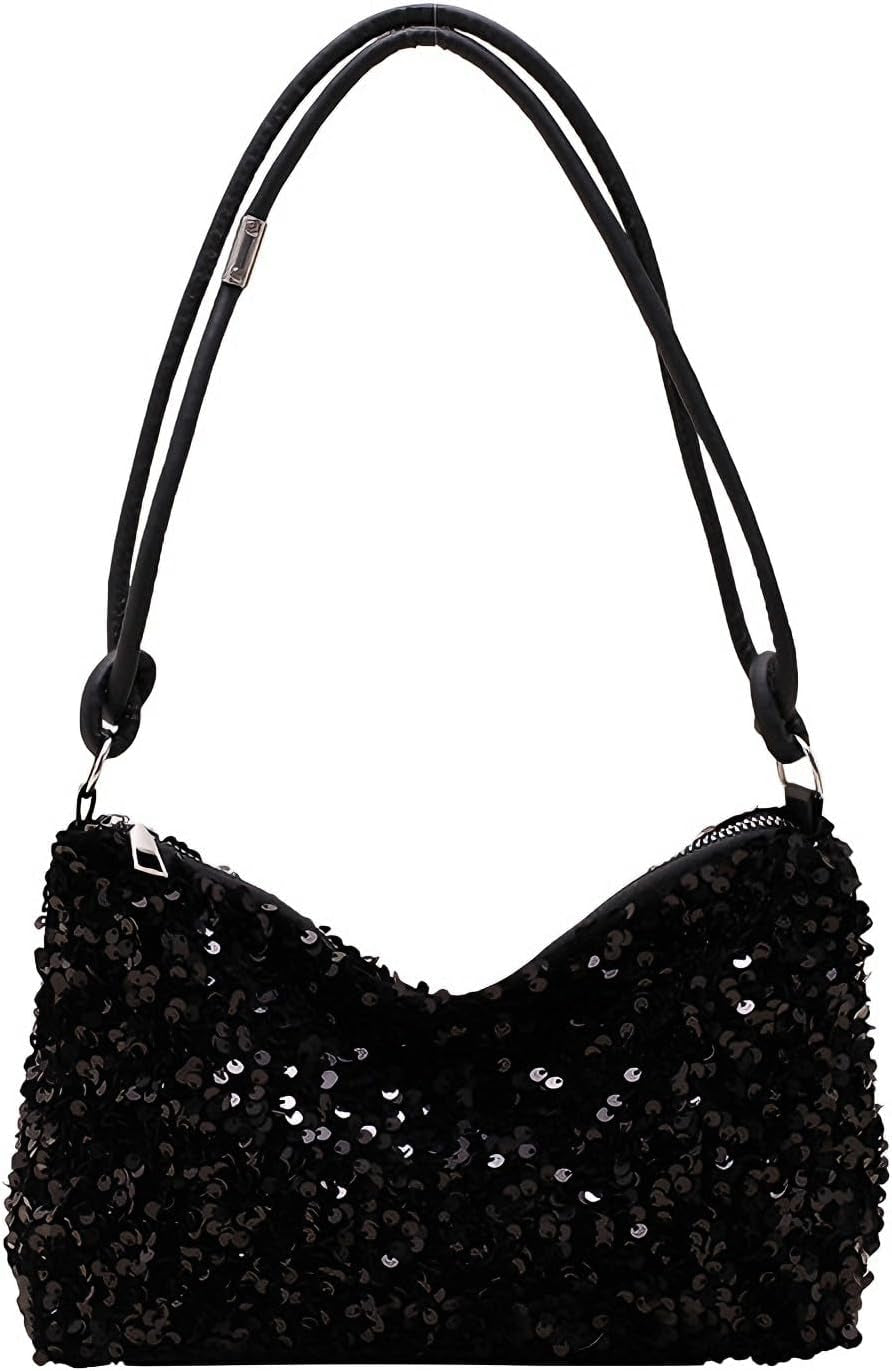Bucket Bag for Women Sparkly Black Clutch Bag with Drawstring Detachable Chain Strap Elegant Shoulder Handbag Crossbag for Wedding Party Evening Bag for Girls Ladies