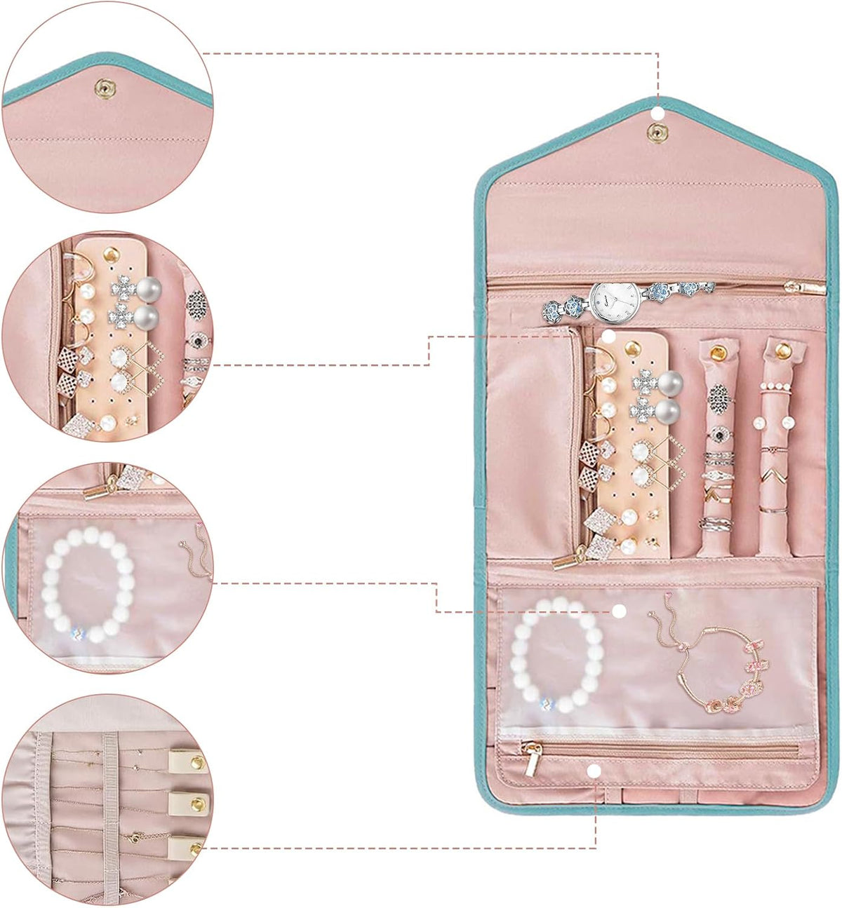 Travel Jewellery Organiser Roll, Foldable Jewelry Storage Roll Bag Case for Journey-Rings, Necklaces, Earrings, Bracelets, Large Capacity, Portable and Practical Blue