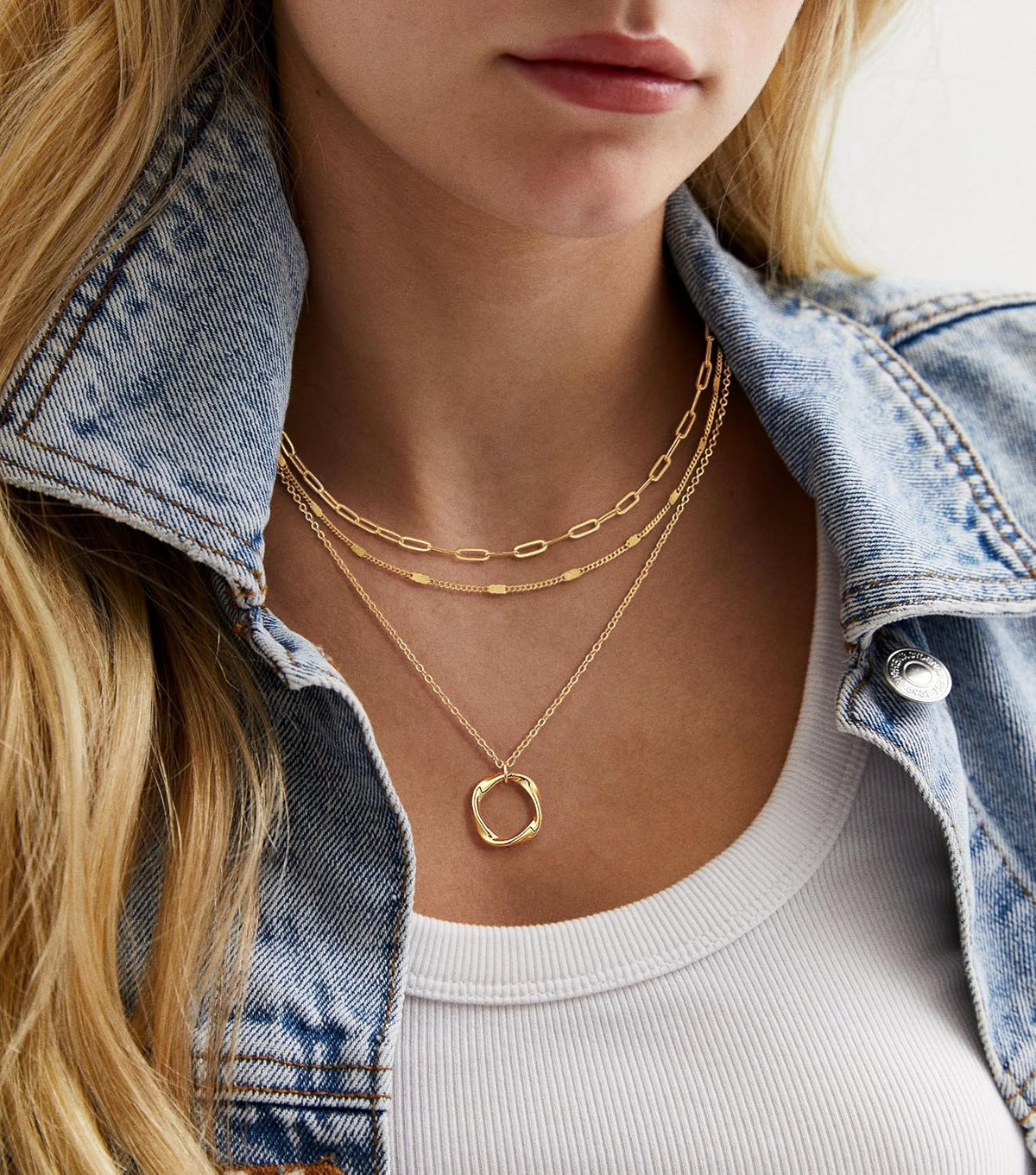 14K Gold Plated Dainty Layered Pendant Necklace for Women - Herringbone, Cuban, and Paperclip Chain Design