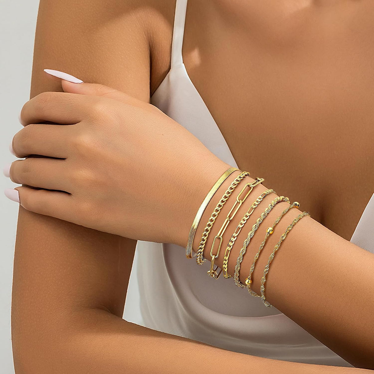 18K Gold Plated Adjustable Chain Bracelet Set for Women - 5-7 Pieces Including Twist Figaro and Herringbone Designs in Silver and Gold