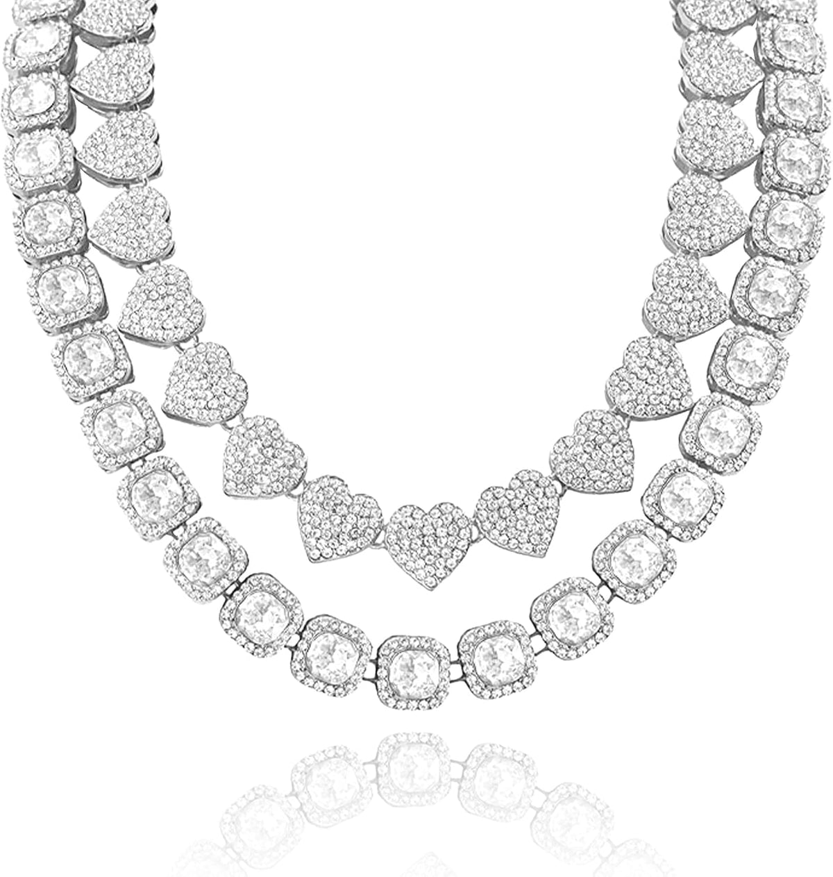 Clustered Diamond Heart Necklace Set - Elegant Diamond Jewelry for Women, Silver Hip Hop Choker and Bling Necklaces, Cuban Link Design