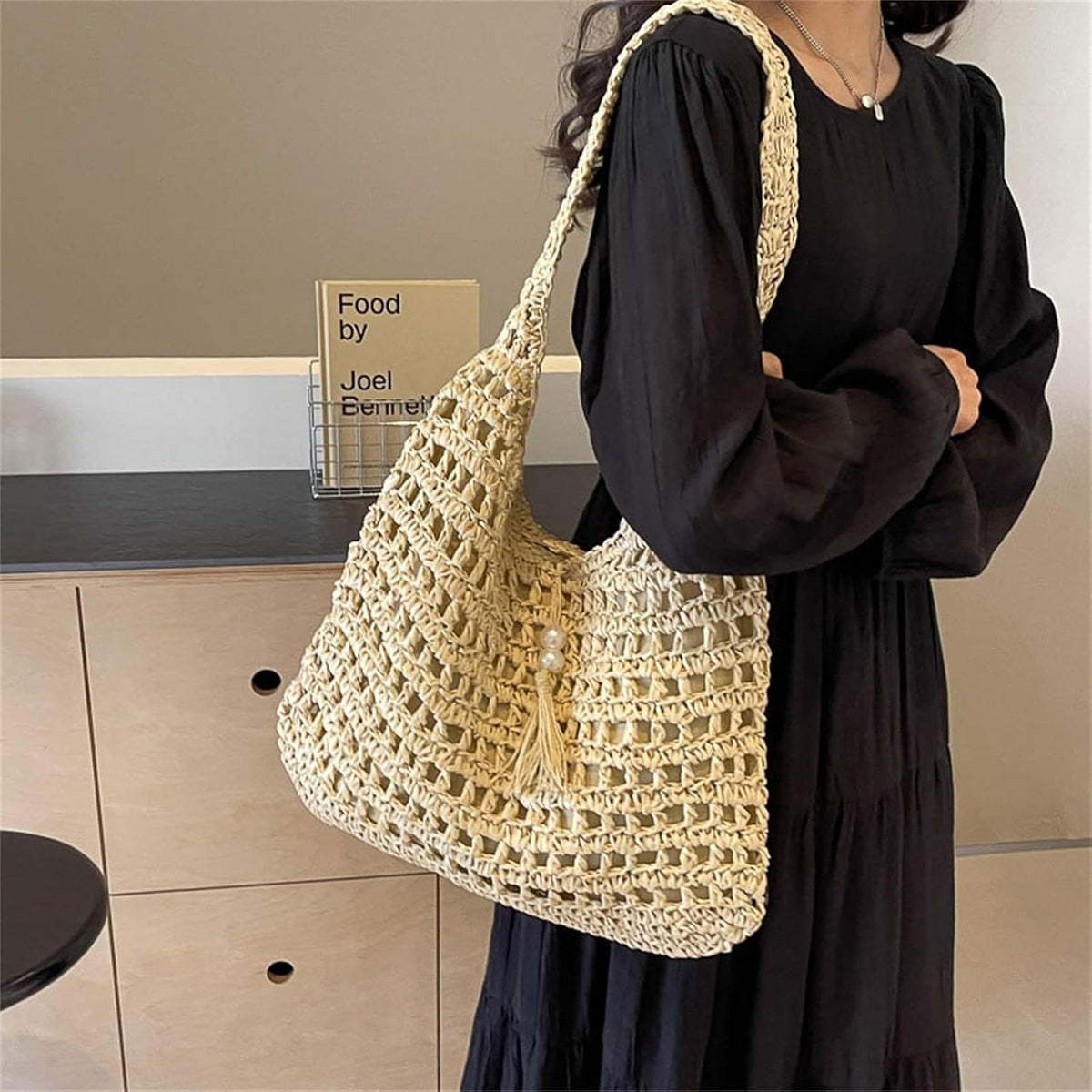 Handmade Woven Straw Hobo Bag for Women - Bohemian Shoulder Tote for Summer Travel, Beige