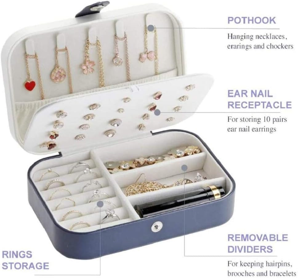 Jewellery Box Organiser Small Travel Jewellery Organiser Storage Double Layer Jewelry Case for Rings Earrings Necklace Bracelets, Premium PU Leather Jewelry Gift Boxes Girls Women, Dark Blue