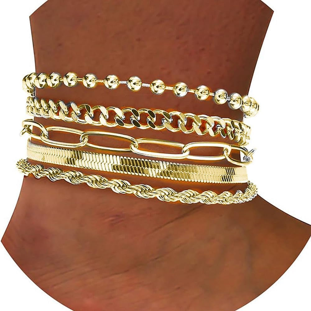 7-Piece Gold Ankle Bracelet Set for Women, 14K Gold Plated Waterproof Layered Cuban Figaro Link Chains, Adjustable Anklets Jewelry Gift