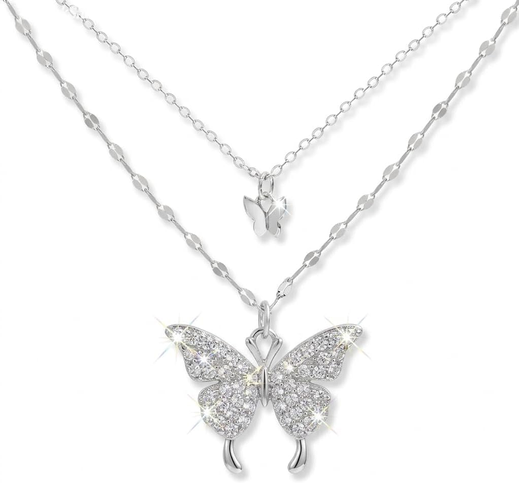 925 Sterling Silver Double Layer Butterfly Necklace with CZ Accents - Elegant Clavicle Chain Jewelry for Women