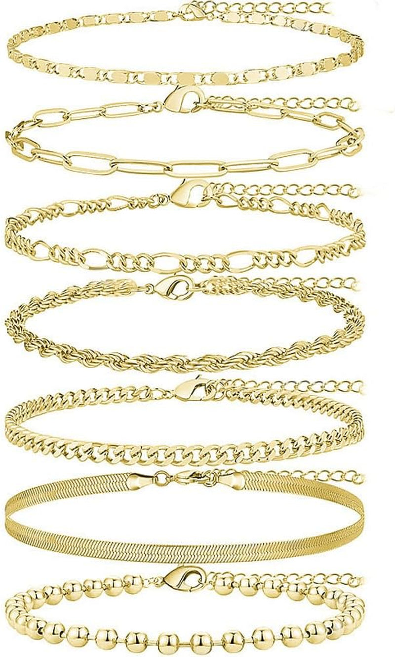 7-Piece Gold Ankle Bracelet Set for Women, 14K Gold Plated Waterproof Layered Cuban Figaro Link Chains, Adjustable Anklets Jewelry Gift