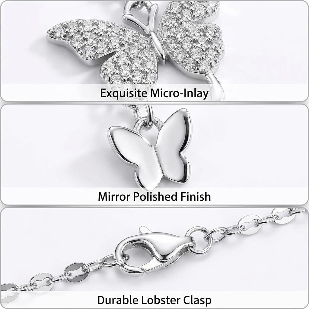 925 Sterling Silver Double Layer Butterfly Necklace with CZ Accents - Elegant Clavicle Chain Jewelry for Women