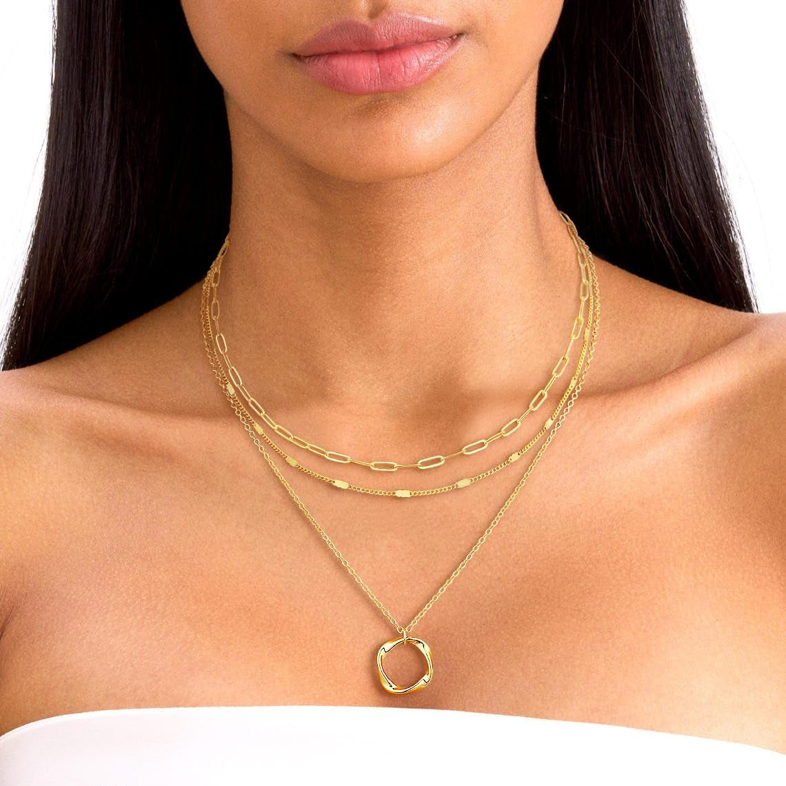14K Gold Plated Dainty Layered Pendant Necklace for Women - Herringbone, Cuban, and Paperclip Chain Design