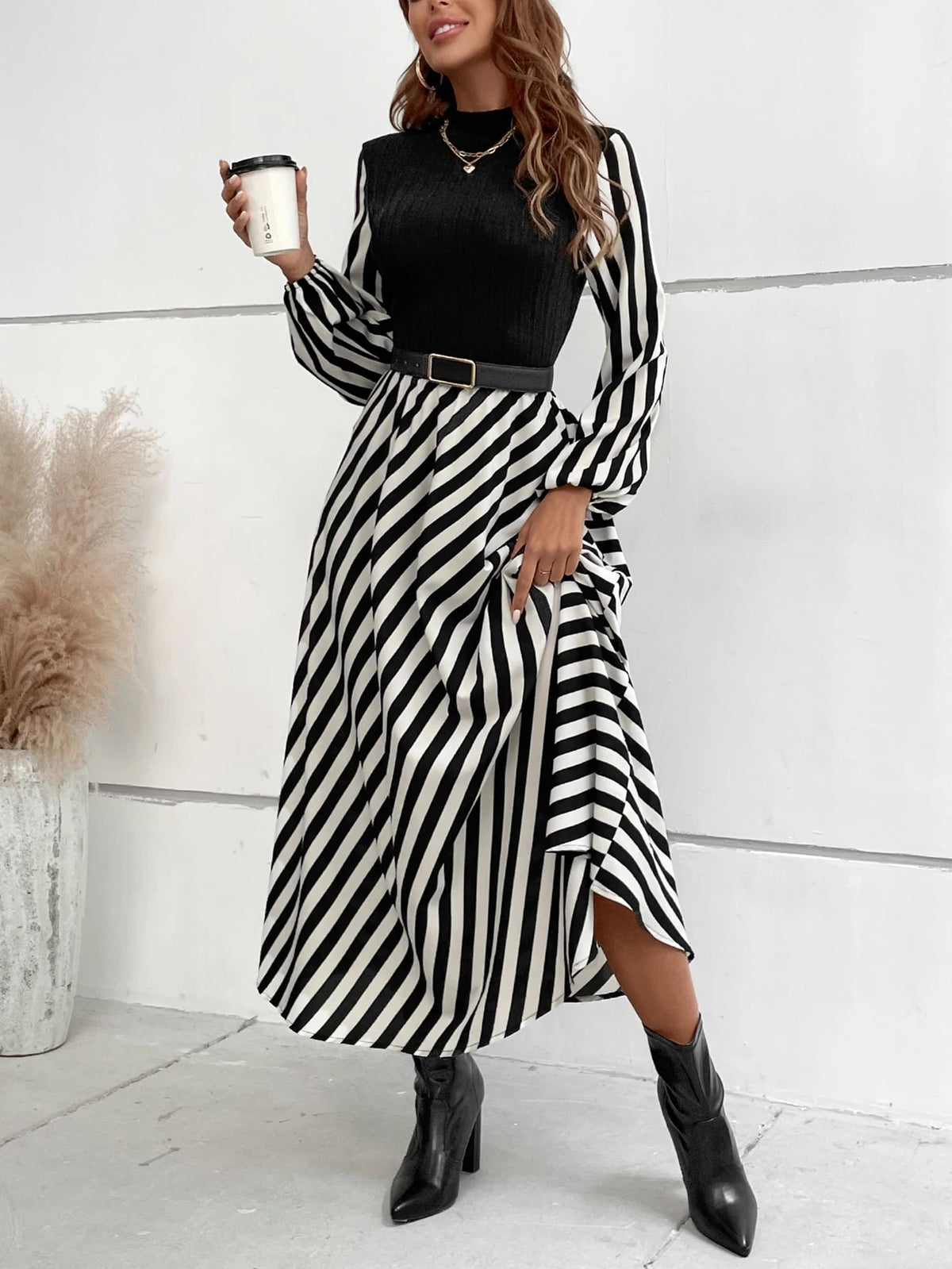 SHEIN Striped Mock Neck Lantern Sleeve Dress without Belt Maxi Women Outfit Fall Cloth for Women