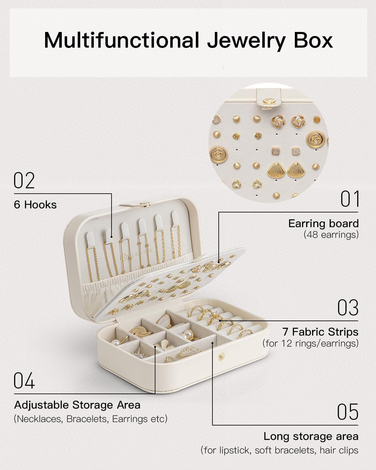 Travel Jewellery Box, Jewellery Organiser for Women, White