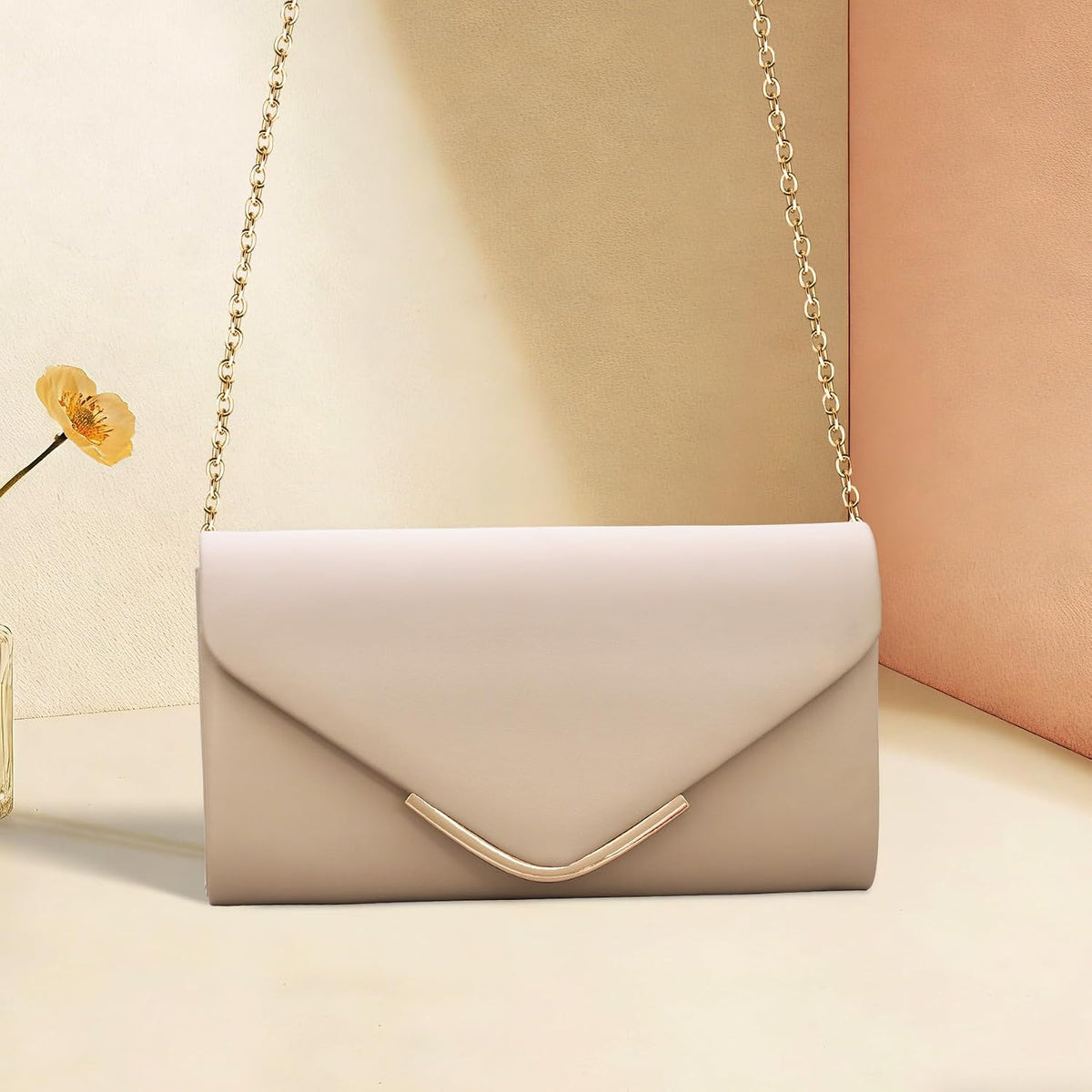 Women'S Clutches, Envelope Leather Clutch Bag W/Chain, Elegant Minimalist Evening Hand Shoulder Bag, 22X12X5Cm