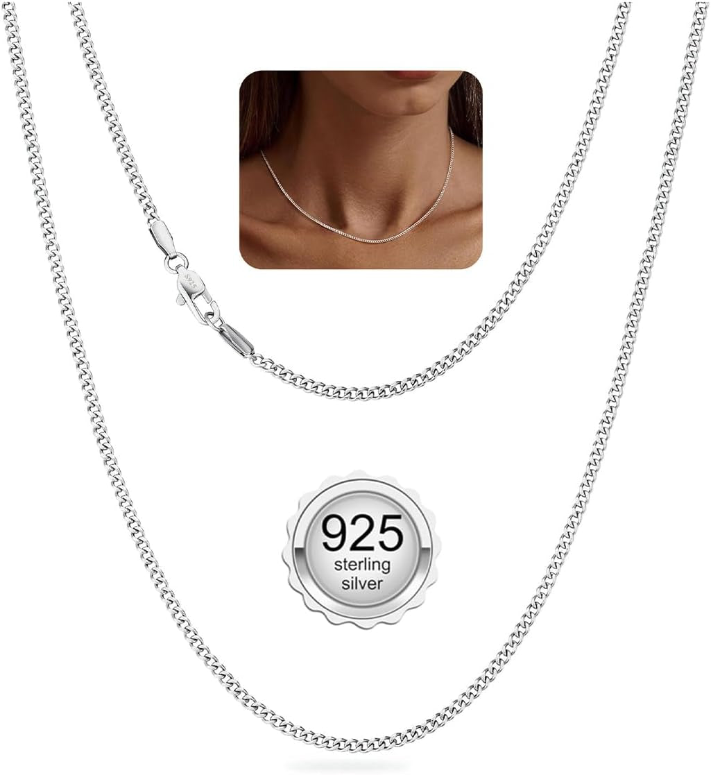 925 Sterling Silver Curb Cuban Chain Necklace for Women - Available in 1.5mm, 2mm, and 3mm Widths
