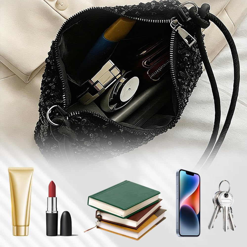 Bucket Bag for Women Sparkly Black Clutch Bag with Drawstring Detachable Chain Strap Elegant Shoulder Handbag Crossbag for Wedding Party Evening Bag for Girls Ladies