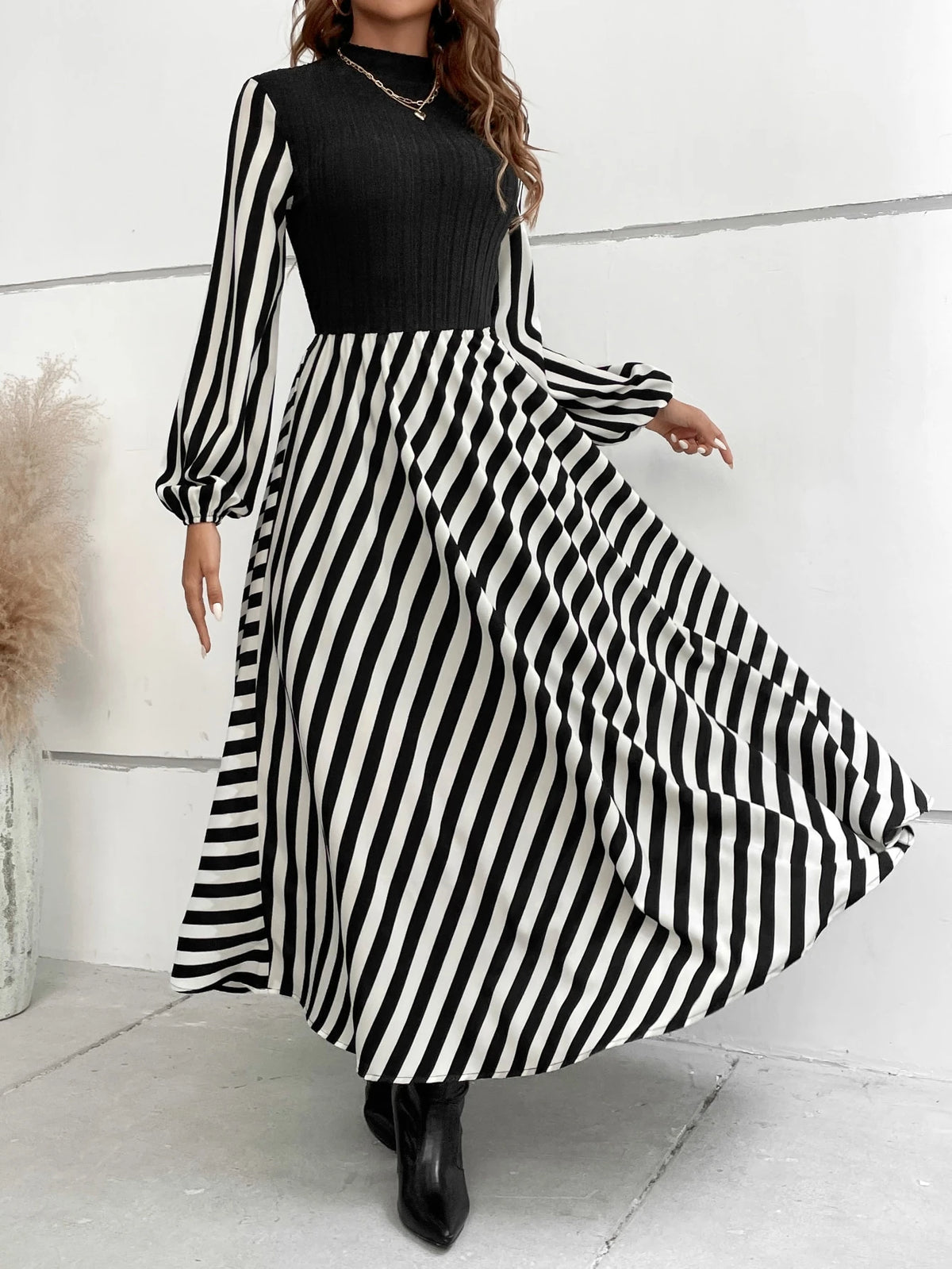 SHEIN Striped Mock Neck Lantern Sleeve Dress without Belt Maxi Women Outfit Fall Cloth for Women