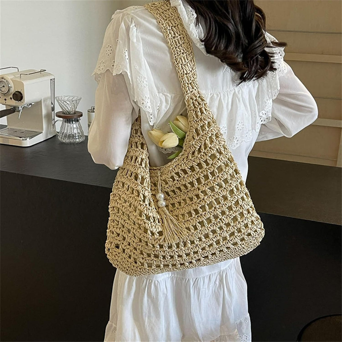 Handmade Woven Straw Hobo Bag for Women - Bohemian Shoulder Tote for Summer Travel, Beige
