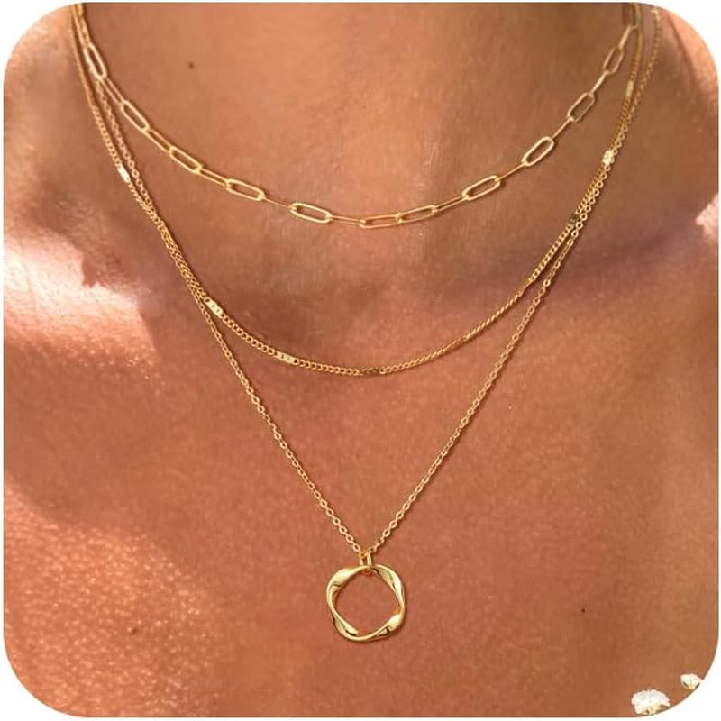 14K Gold Plated Dainty Layered Pendant Necklace for Women - Herringbone, Cuban, and Paperclip Chain Design