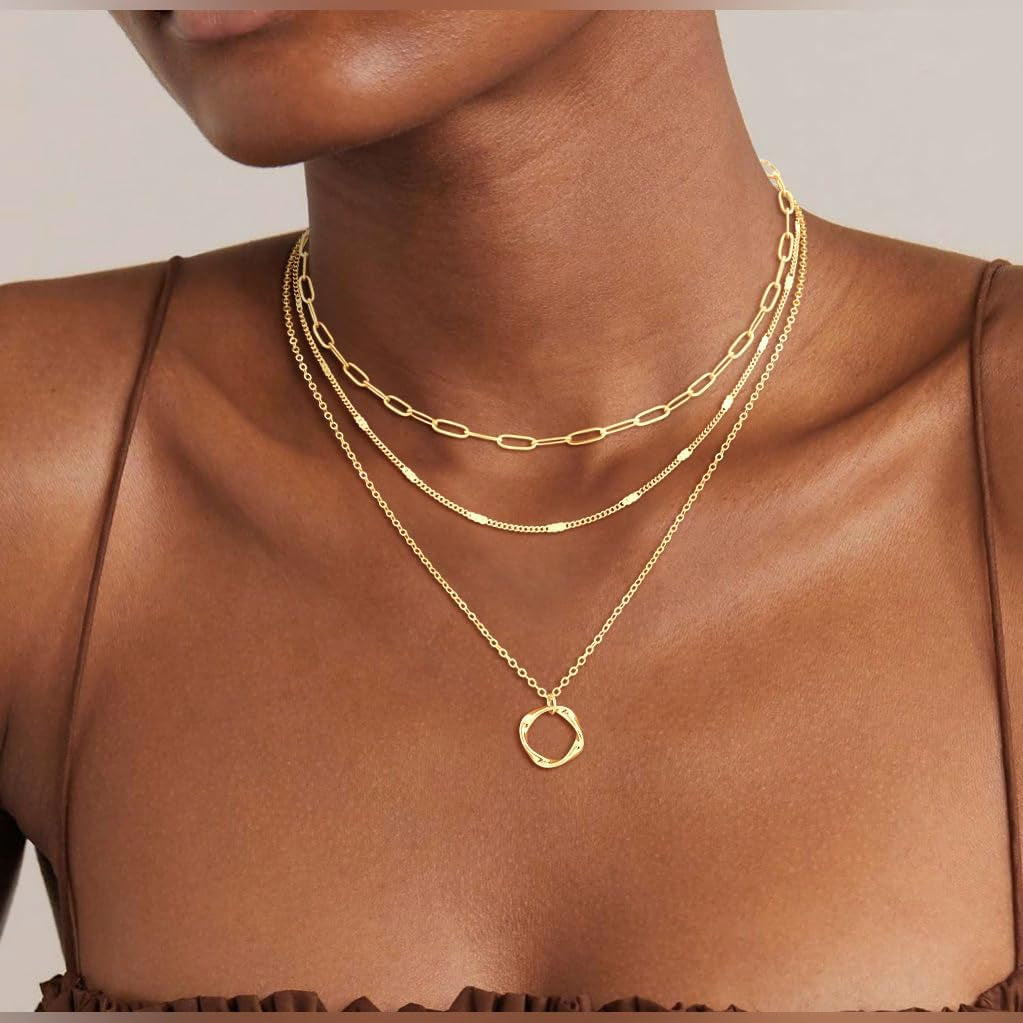 14K Gold Plated Dainty Layered Pendant Necklace for Women - Herringbone, Cuban, and Paperclip Chain Design