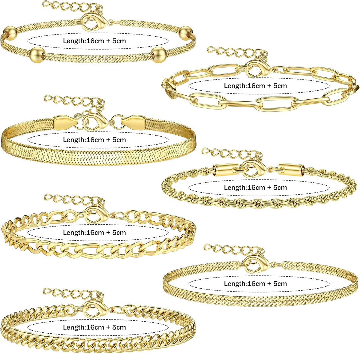 18K Gold Plated Adjustable Chain Bracelet Set for Women - 5-7 Pieces Including Twist Figaro and Herringbone Designs in Silver and Gold