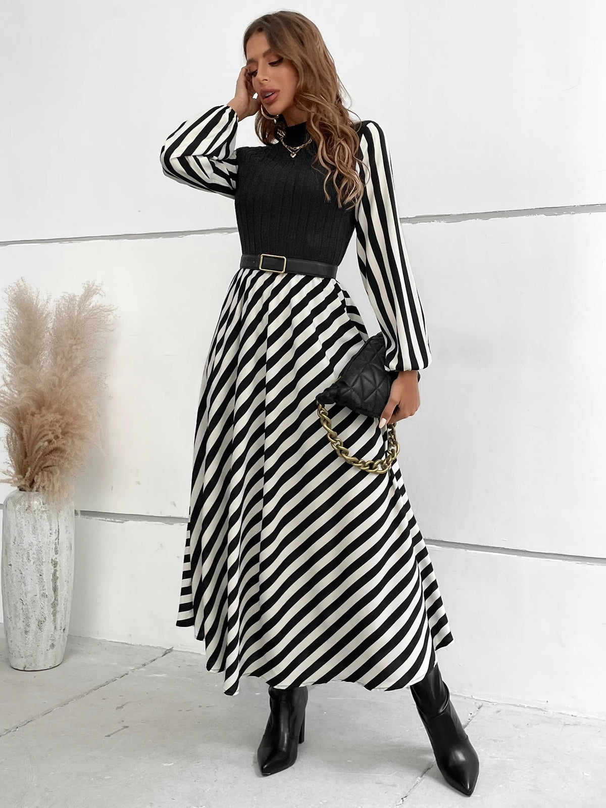 SHEIN Striped Mock Neck Lantern Sleeve Dress without Belt Maxi Women Outfit Fall Cloth for Women