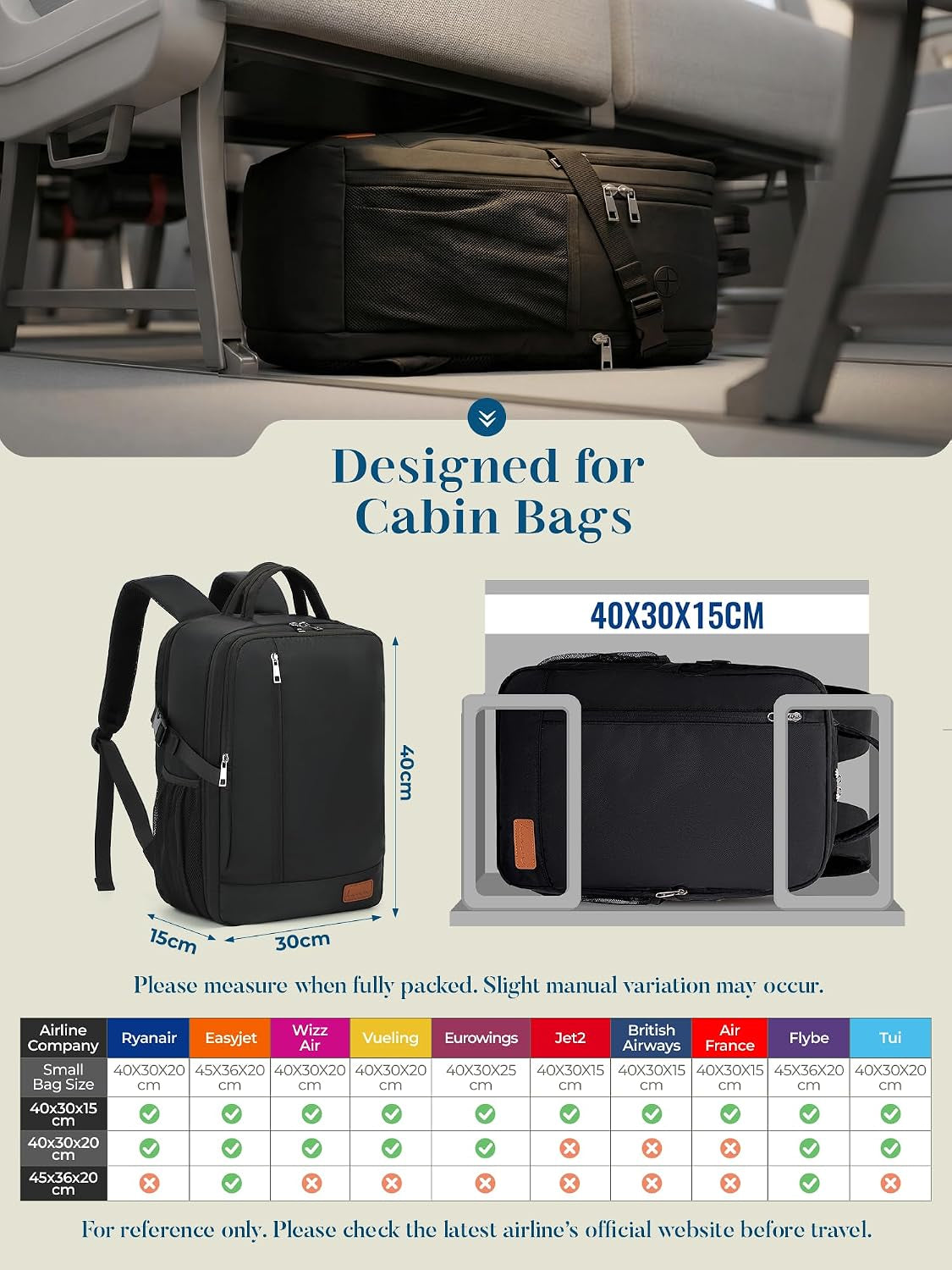 Cabin Bags 40X30X15 Underseat for British Travel Backpack Hand Luggage Bag