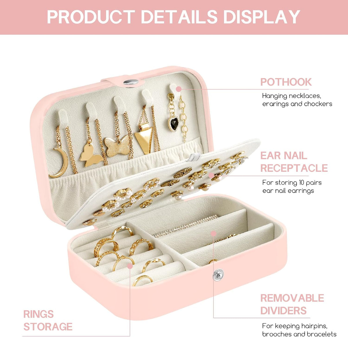 Premium Faux PU Leather Small Travel Jewelry Organizer Case for Necklaces, Rings, Bracelets, and Earrings - Ideal Gift Box for Women and Girls (Pink)