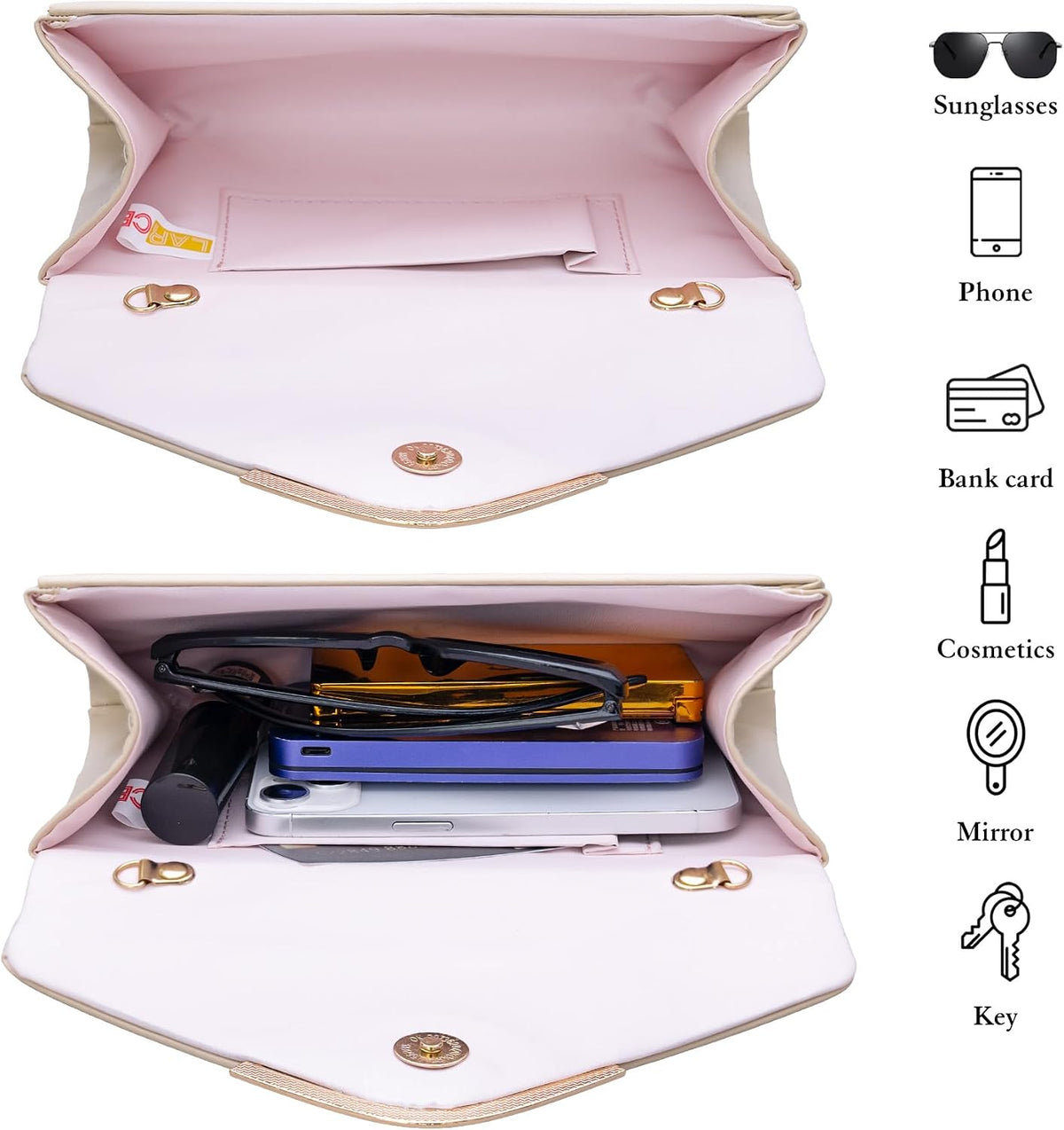 Women'S Clutches, Envelope Leather Clutch Bag W/Chain, Elegant Minimalist Evening Hand Shoulder Bag, 22X12X5Cm