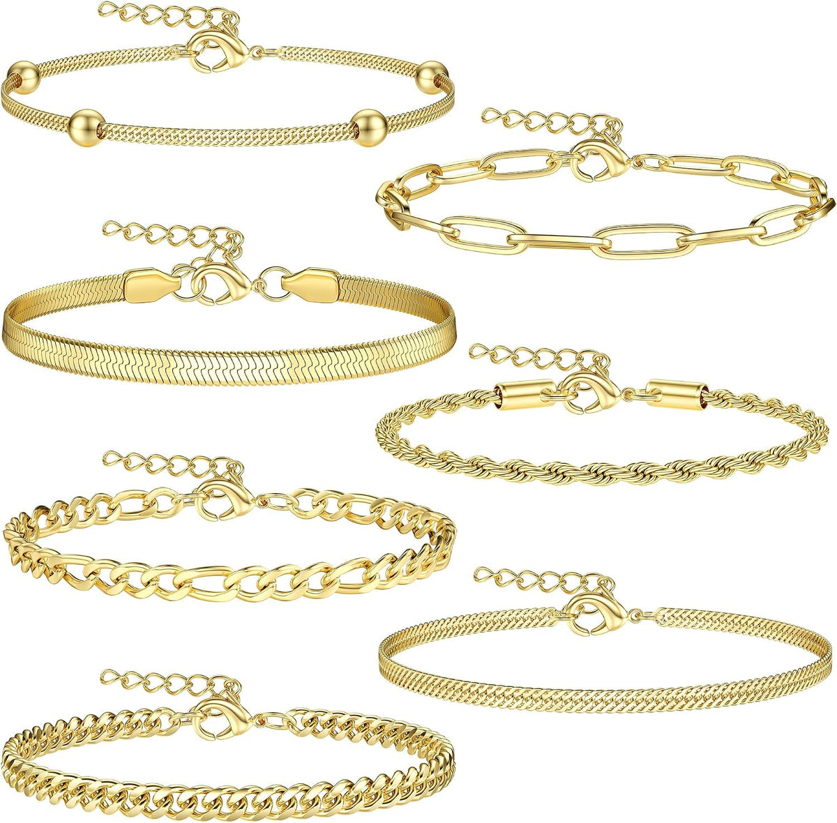 18K Gold Plated Adjustable Chain Bracelet Set for Women - 5-7 Pieces Including Twist Figaro and Herringbone Designs in Silver and Gold