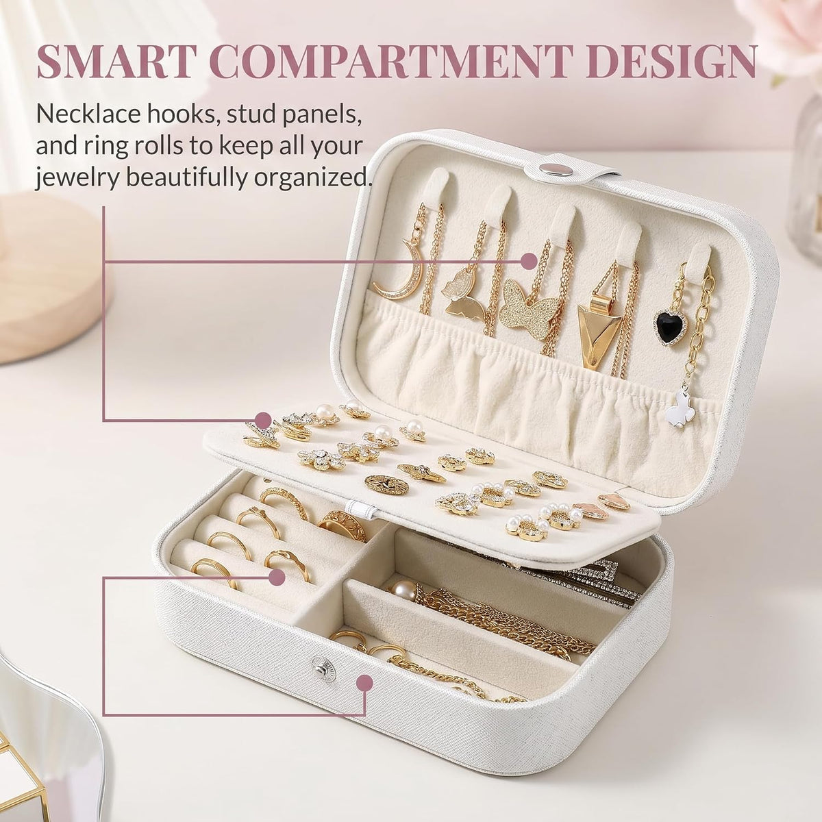 Jewellery Box Small Travel Jewelry Organiser Storage Case for Necklace Rings Bracelets Earrings Premium Faux PU Leather Jewellery Gift Box Girls Women (White)
