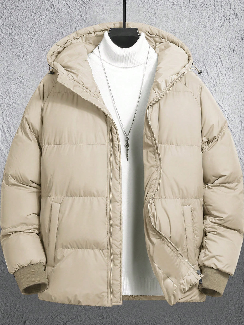 Manfinity Homme Men'S Khaki Winter Long Sleeve Loose Drawstring Hooded Zip-Up Padded Coat,Modest Plain Casual Quilted Outdoor Windbreaker Outwear for Date,Fall