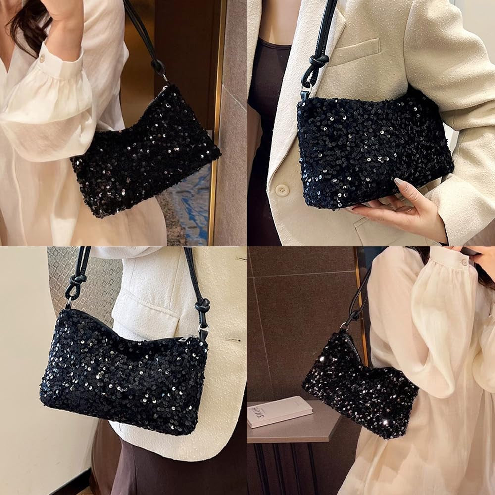 Bucket Bag for Women Sparkly Black Clutch Bag with Drawstring Detachable Chain Strap Elegant Shoulder Handbag Crossbag for Wedding Party Evening Bag for Girls Ladies