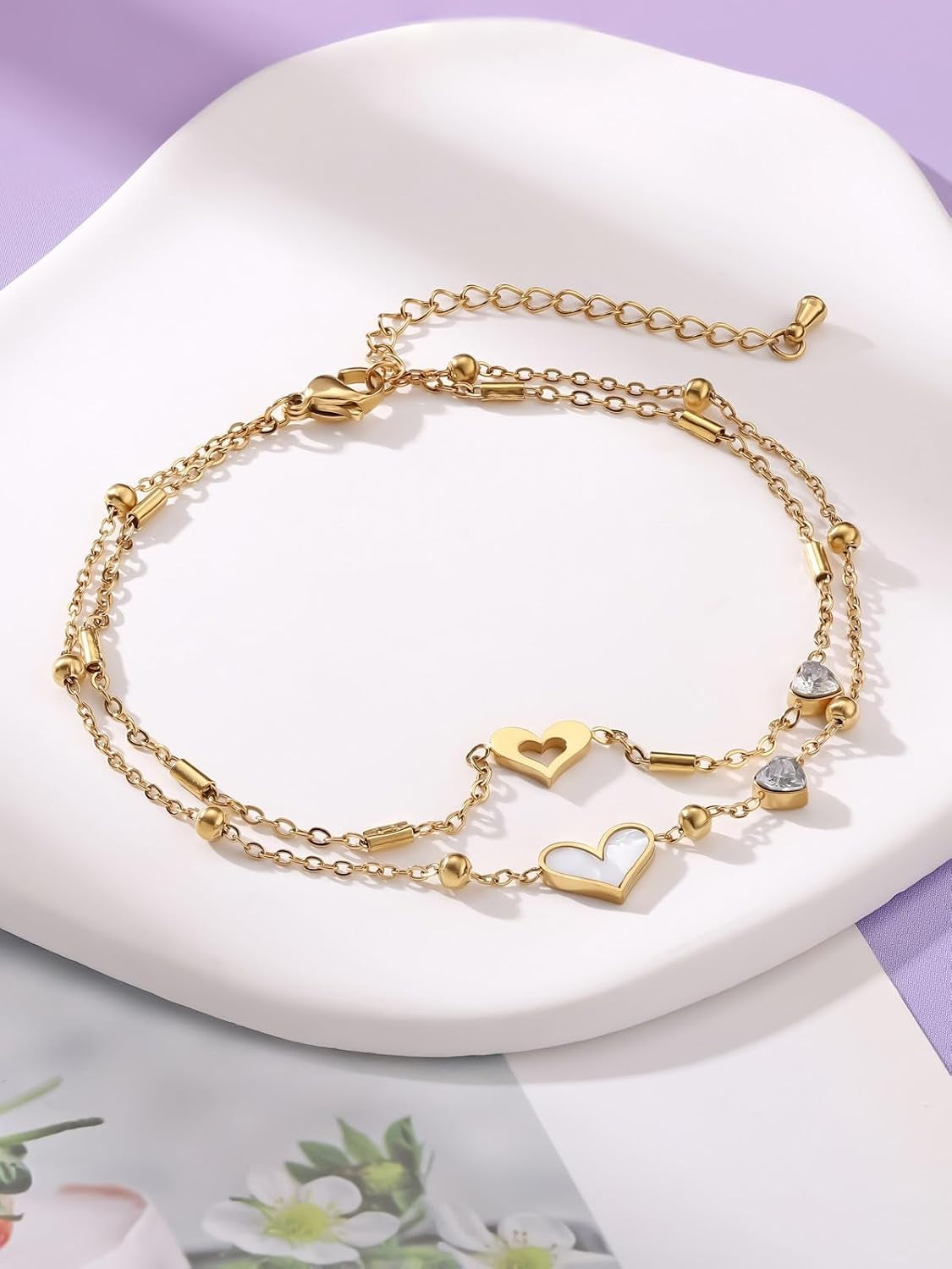 Adjustable Gold Anklets for Women - Layered Stainless Steel Foot Chain with Heart/Tree of Life Design, Waterproof Summer Beach Jewelry Gifts for Women and Girls