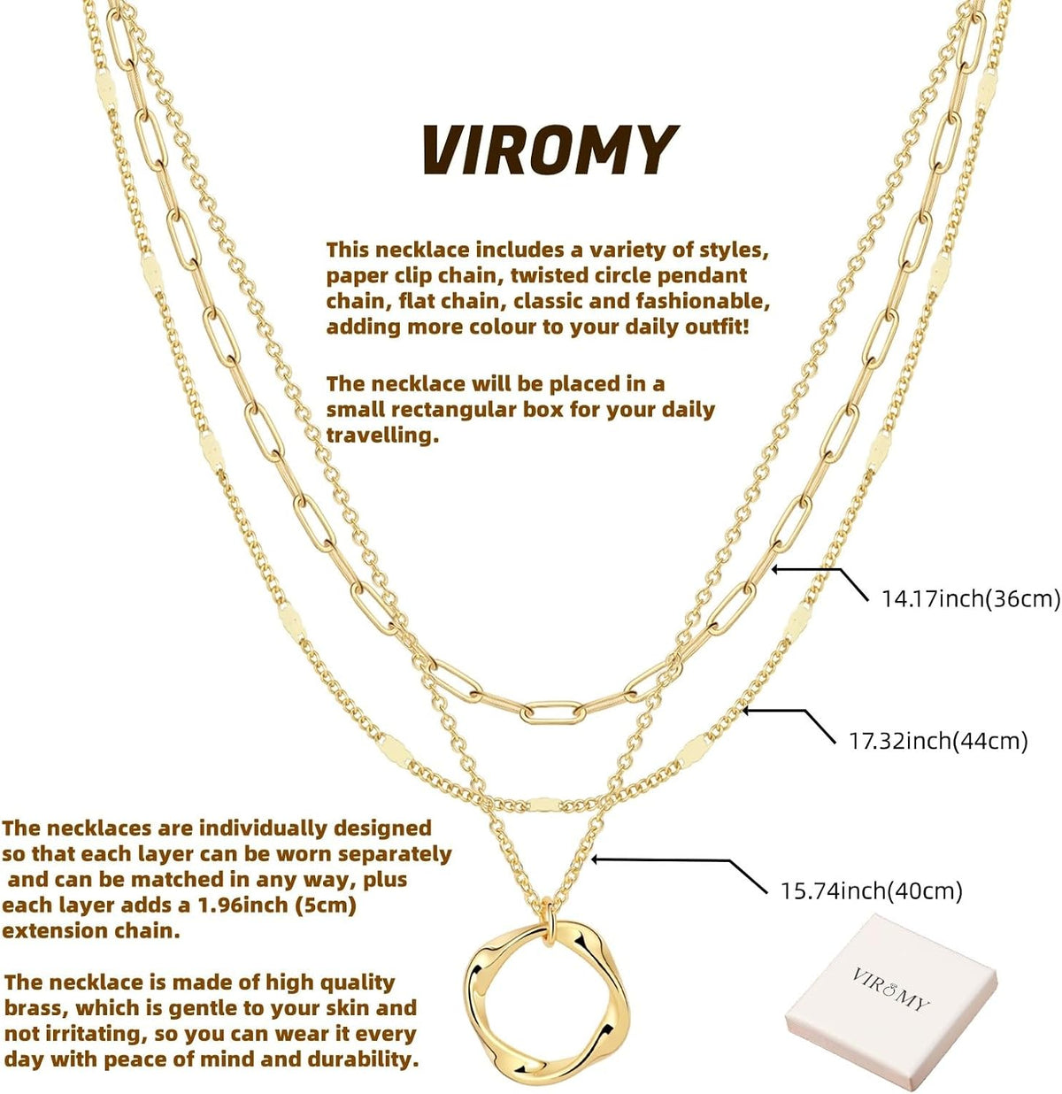 14K Gold Plated Dainty Layered Pendant Necklace for Women - Herringbone, Cuban, and Paperclip Chain Design
