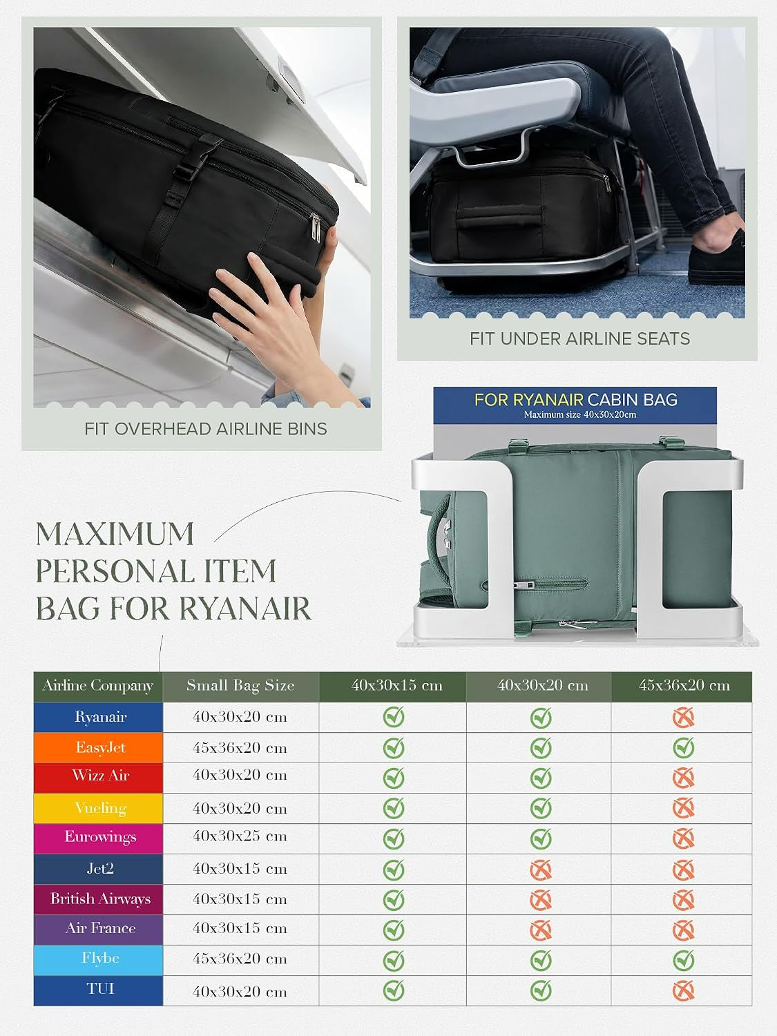 Ryanair Cabin Bags 40X30X20 Underseat Carry-On Backpack Hand Luggage