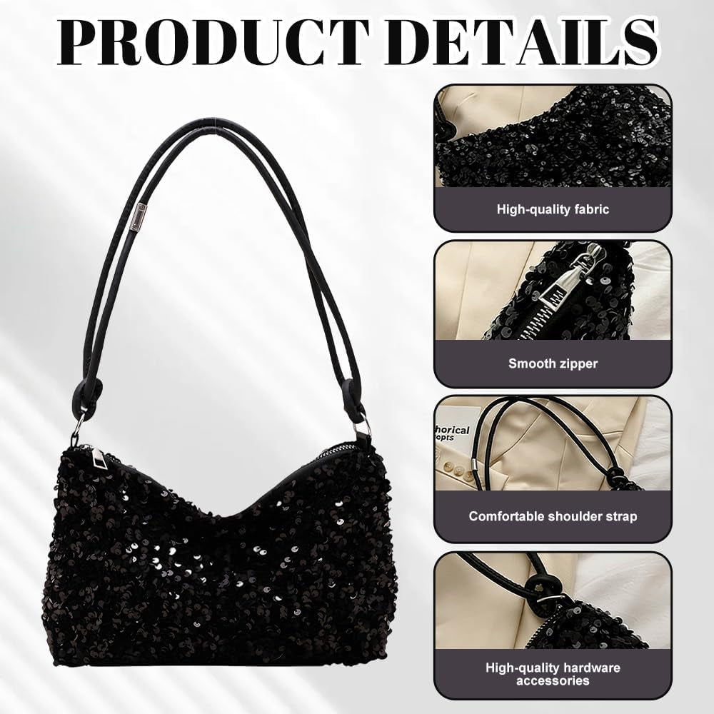 Bucket Bag for Women Sparkly Black Clutch Bag with Drawstring Detachable Chain Strap Elegant Shoulder Handbag Crossbag for Wedding Party Evening Bag for Girls Ladies