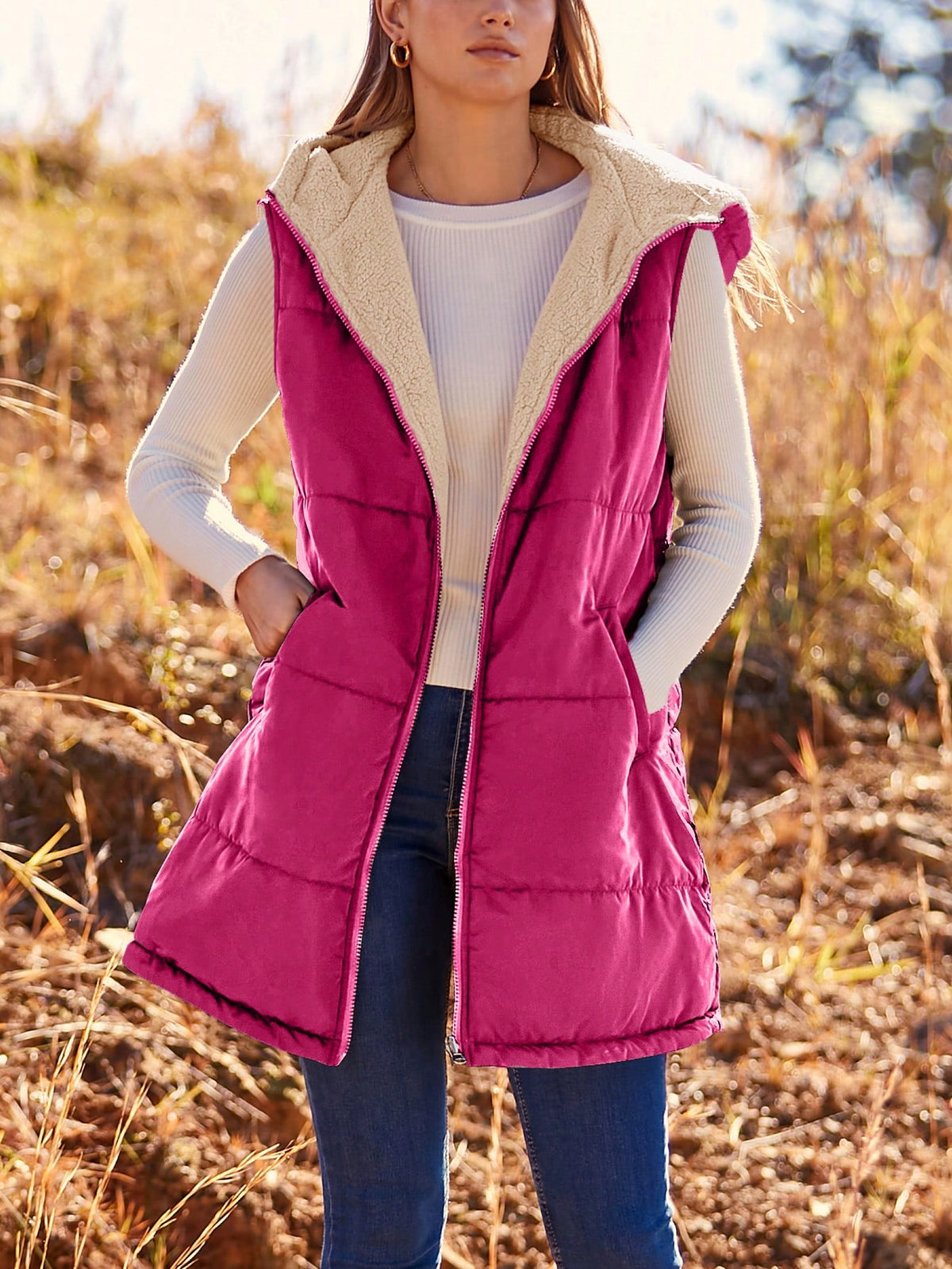 Women'S Fall Reversible Vest Sleeveless Wool Jacket Zipper Hoodie Pocket Long Warm Winter Coat Coat