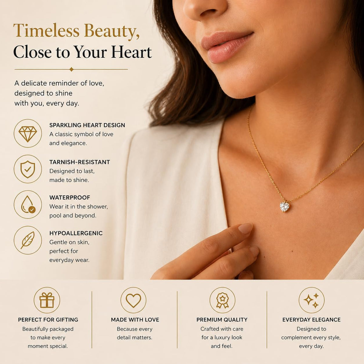 18K Gold Plated Stainless Steel Heart Pendant Necklace for Women with Cubic Zirconia - Hypoallergenic Dainty Everyday Jewelry, Gift Box Included