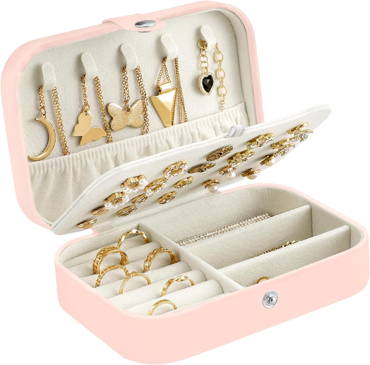 Premium Faux PU Leather Small Travel Jewelry Organizer Case for Necklaces, Rings, Bracelets, and Earrings - Ideal Gift Box for Women and Girls (Pink)