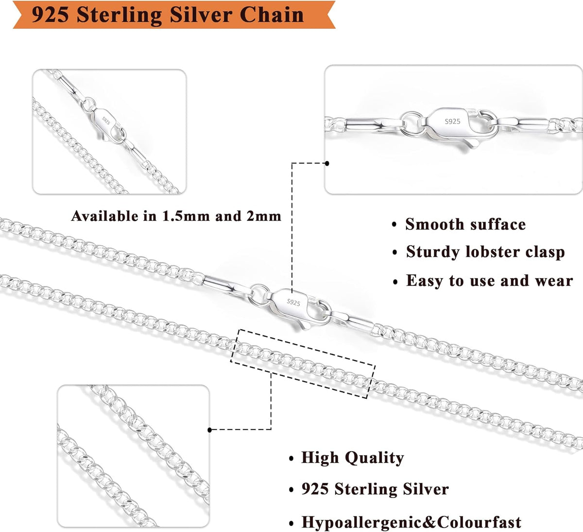 925 Sterling Silver Curb Cuban Chain Necklace for Women - Available in 1.5mm, 2mm, and 3mm Widths