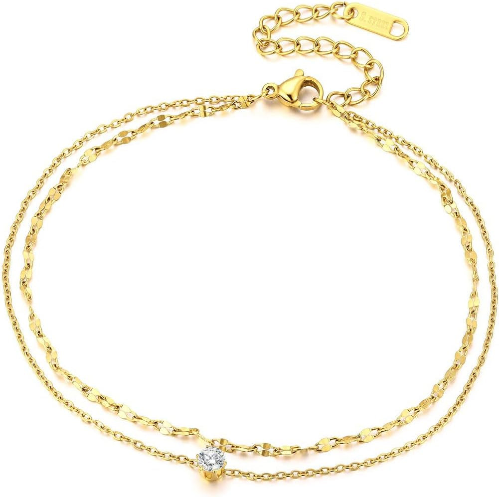 Gold Waterproof Ankle Bracelets for Women, Tree of Life CZ Heart Anklet, Layered Beach Jewelry for Summer