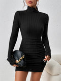 SHEIN Frenchy Turtleneck Ruched Detail Bodycon Dress Winter Party Black Black Spring