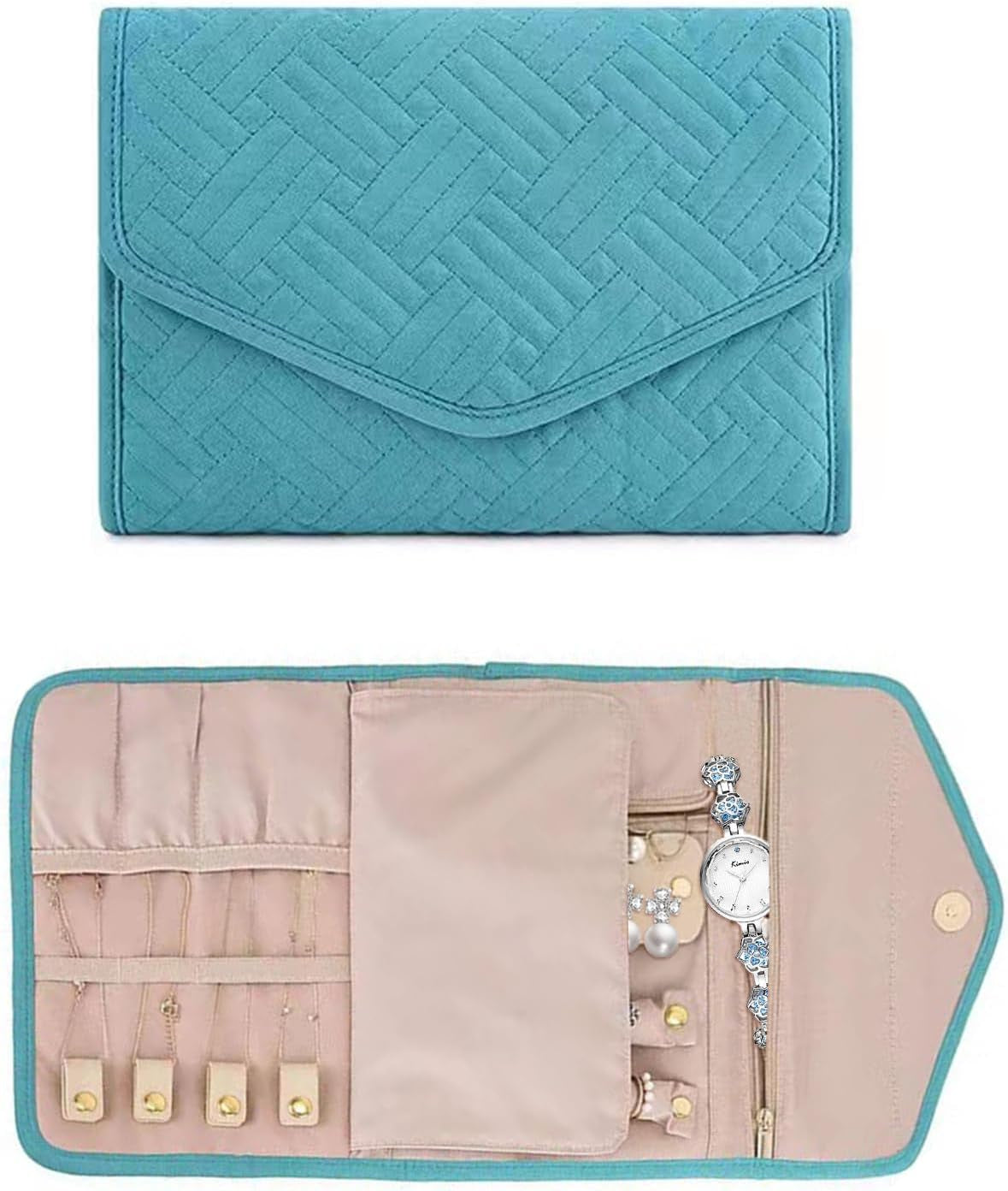 Travel Jewellery Organiser Roll, Foldable Jewelry Storage Roll Bag Case for Journey-Rings, Necklaces, Earrings, Bracelets, Large Capacity, Portable and Practical Blue